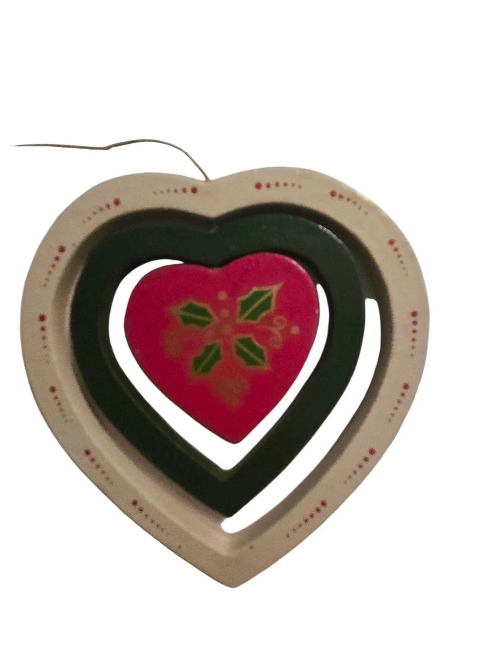 pair vintage wooden spinning heart Christmas ornaments Folk-Art Nordic